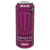 The 500ml Monster Mixxd Punch Energy Drink features a vibrant purple design, contains fruit juice, is price marked at £1.75, and offers a premium energy drink experience.